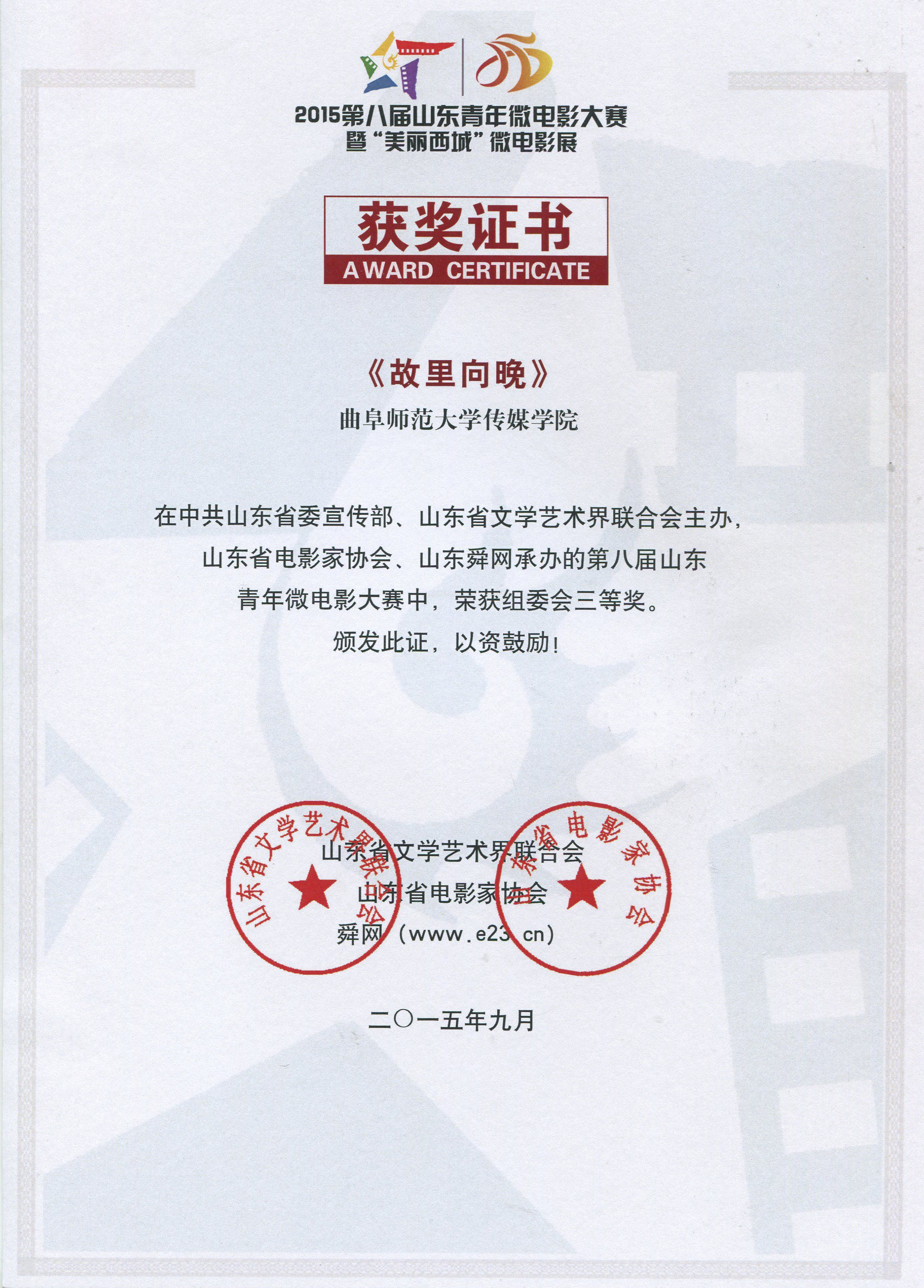 第八届山东青年微电影大赛 证书 第八届山东青年微电影大赛 证书